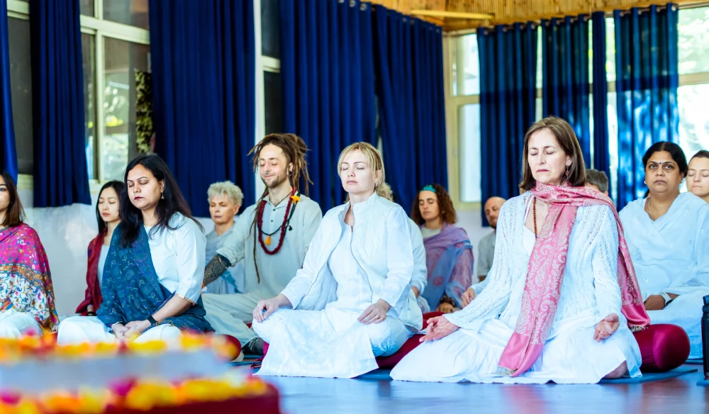 Students Practicing Pranayama in Ayurveda Yoga Teacher Training Class