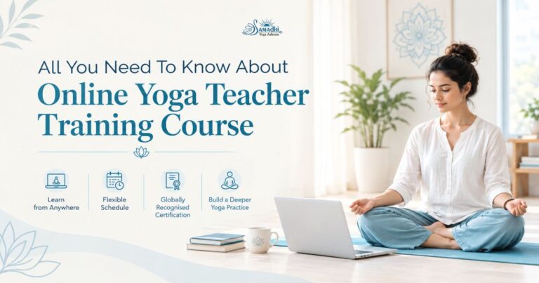 Online Yoga Teacher Training Course with woman practicing yoga beside a laptop