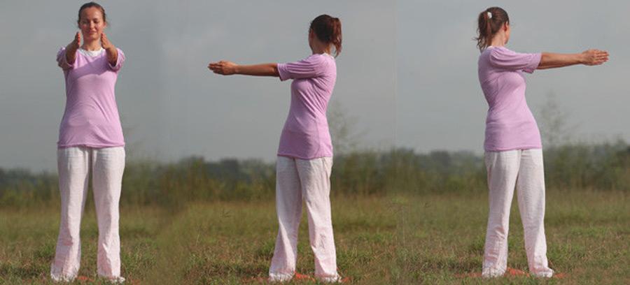 Kati Chakrasana step-by-step standing spinal twist demonstration