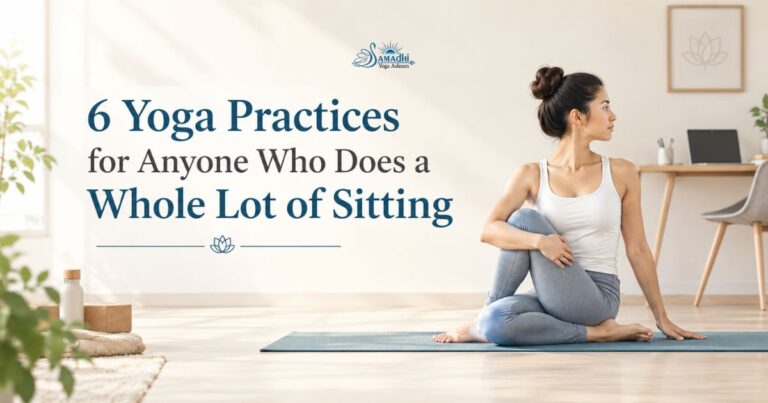Woman practising a seated yoga twist on a mat for long sitting