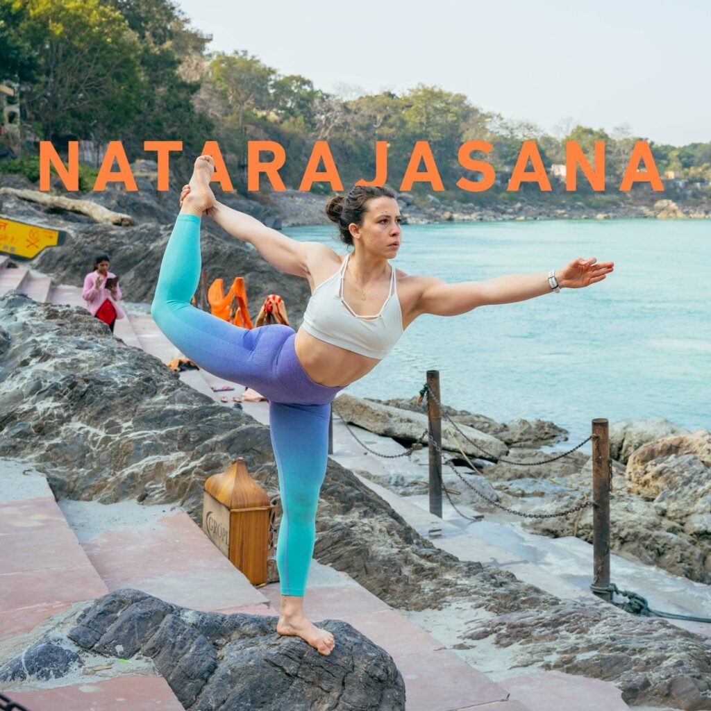 Woman Practicing Natrajasana Near the Ganga