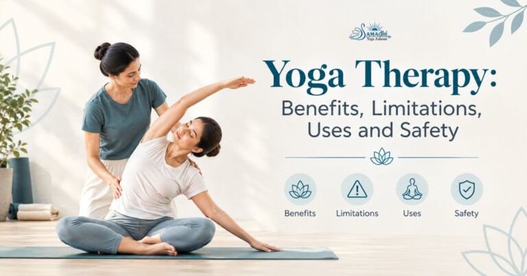 Yoga therapy session with a therapist assisting a woman in a seated stretch