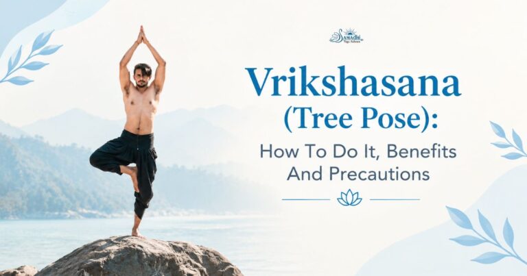 Vrikshasana (Tree Pose) yoga posture with a man balancing on one leg
