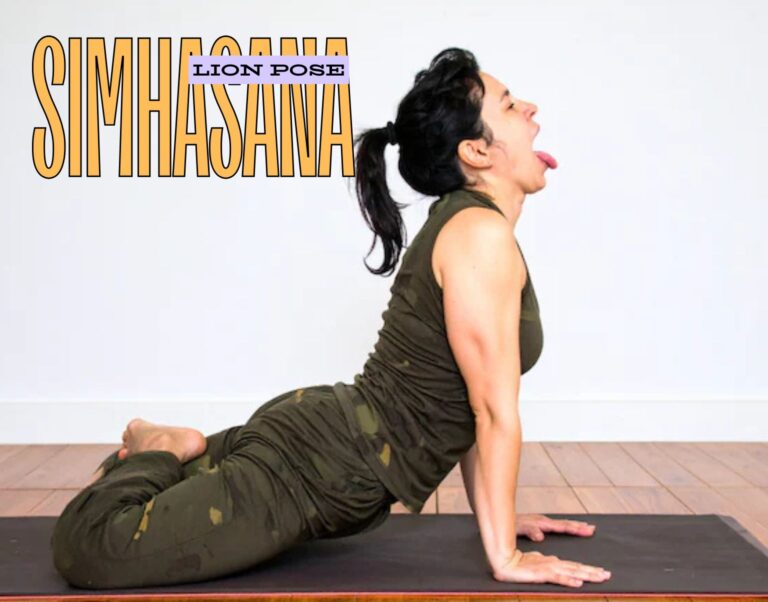 student practicing Simhasana lion pose